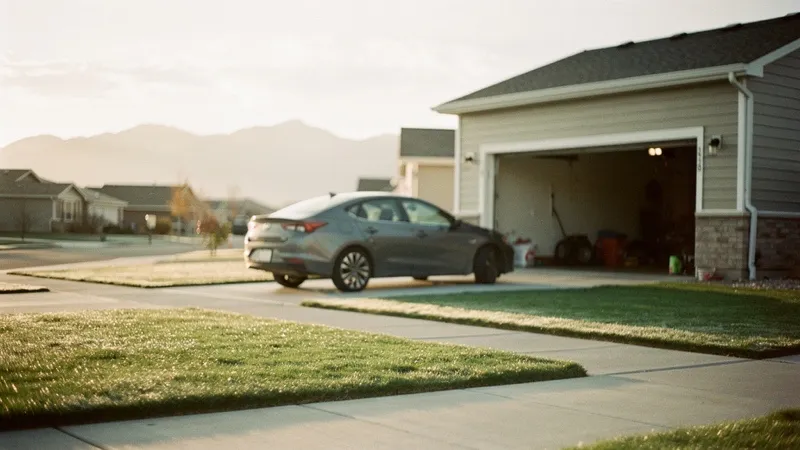 Un auto saliendo de la entrada de una casa suburbana en Utah, luz de la mañana temprano.