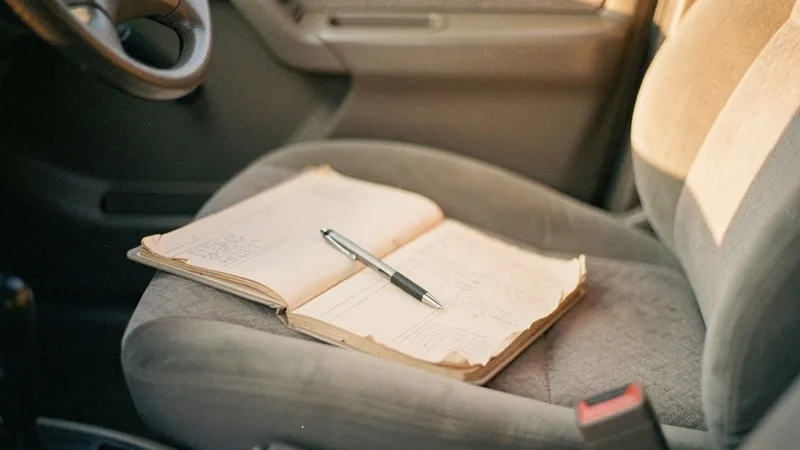 Un cuaderno de registro y una pluma en el asiento del pasajero, luz de la tarde.