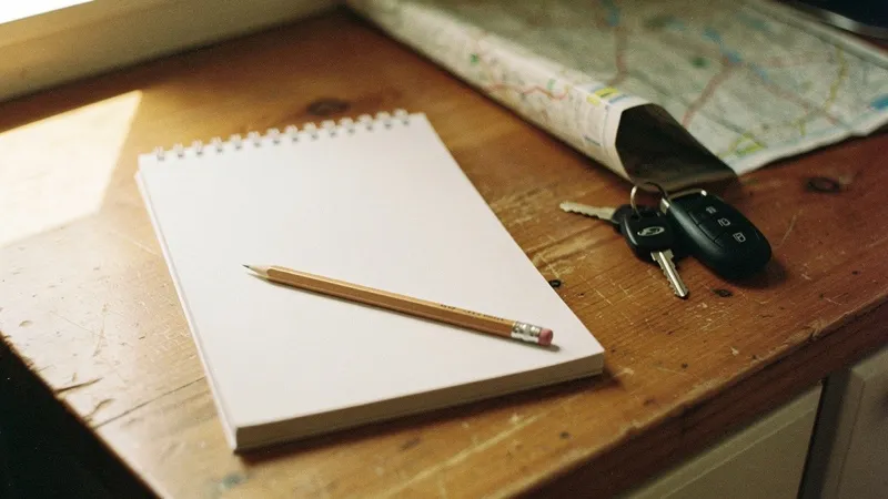 A blank notebook, pencil, and car keys on a kitchen table in soft morning light.