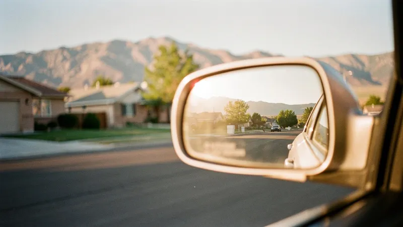 El espejo lateral de un auto reflejando una calle suburbana de Utah y montañas al fondo.